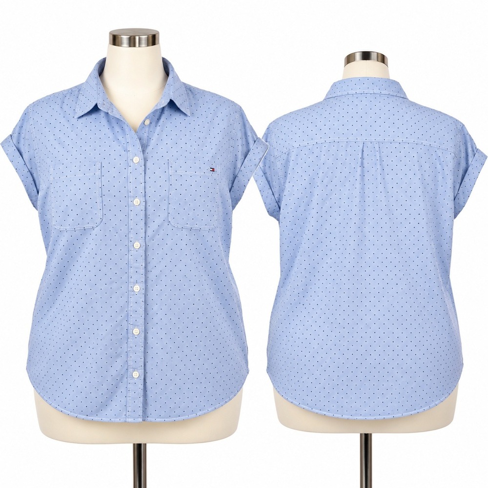 Tommy Hilfiger Womens 3X Blue Polka Dot Cotton Button Front Shirt Plus Size
